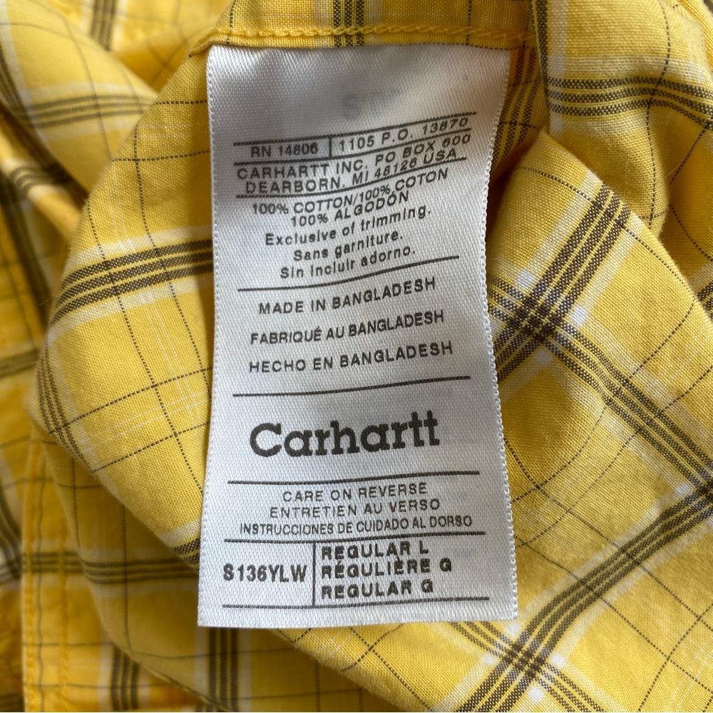 Carhartt Yellow Plaid Short Sleeve Button Down Shirt Size Large - Picture 6 of 6